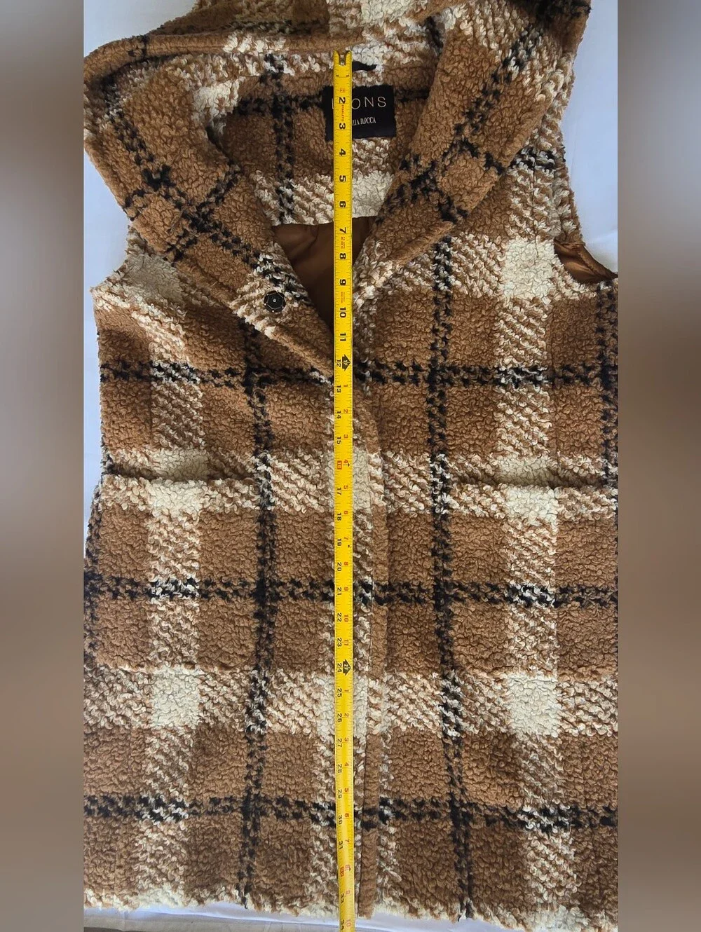 Cinzia Rocca ICONS Women's Warm Long Plaid Sherpa Sleeveless Coat -Camel & Cream